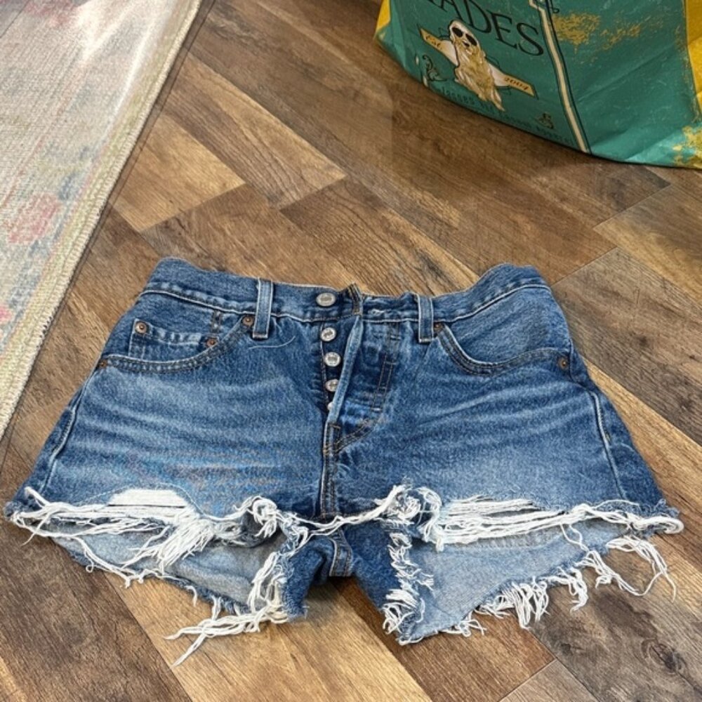 Levi's Distressed High-Rise Button-Fly Denim Shorts - Blue